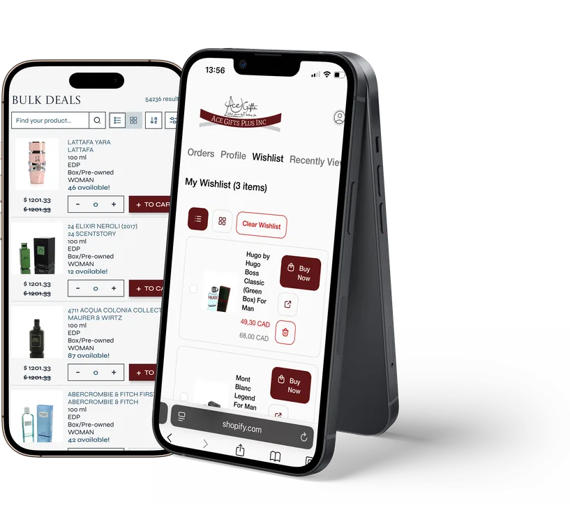 AceGifts on two phones: the bulk deals list and a customer's wishlist