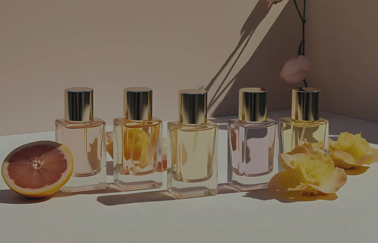 Five perfume bottles lined up beside a grapefruit slice and yellow flowers.