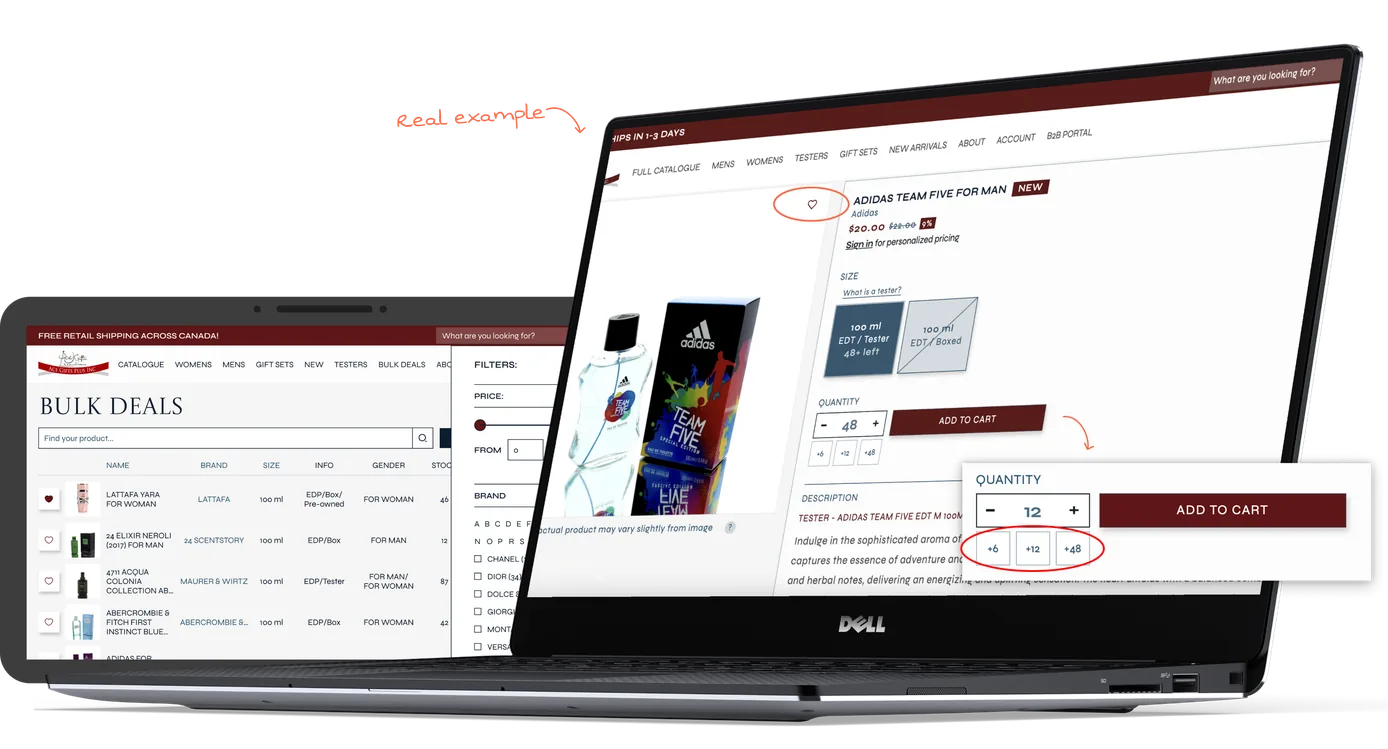 Real example on AceGifts: the bulk deals page and a product page with quick quantity buttons and a wishlist heart