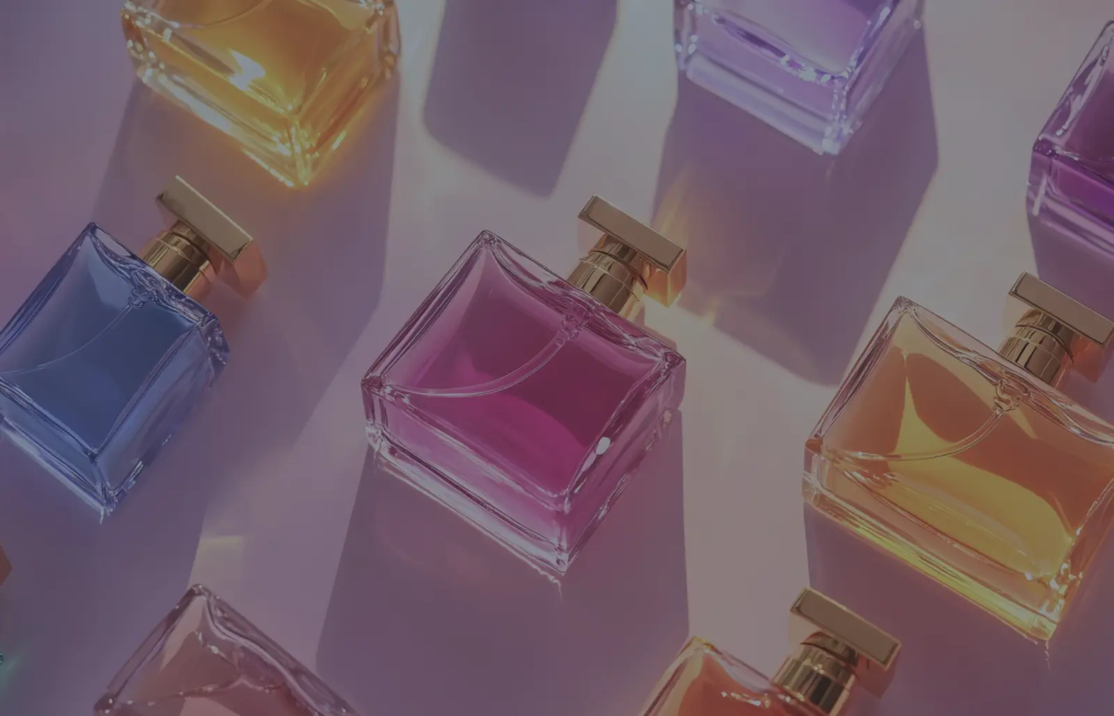 Rows of tinted perfume bottles photographed from above under violet light.