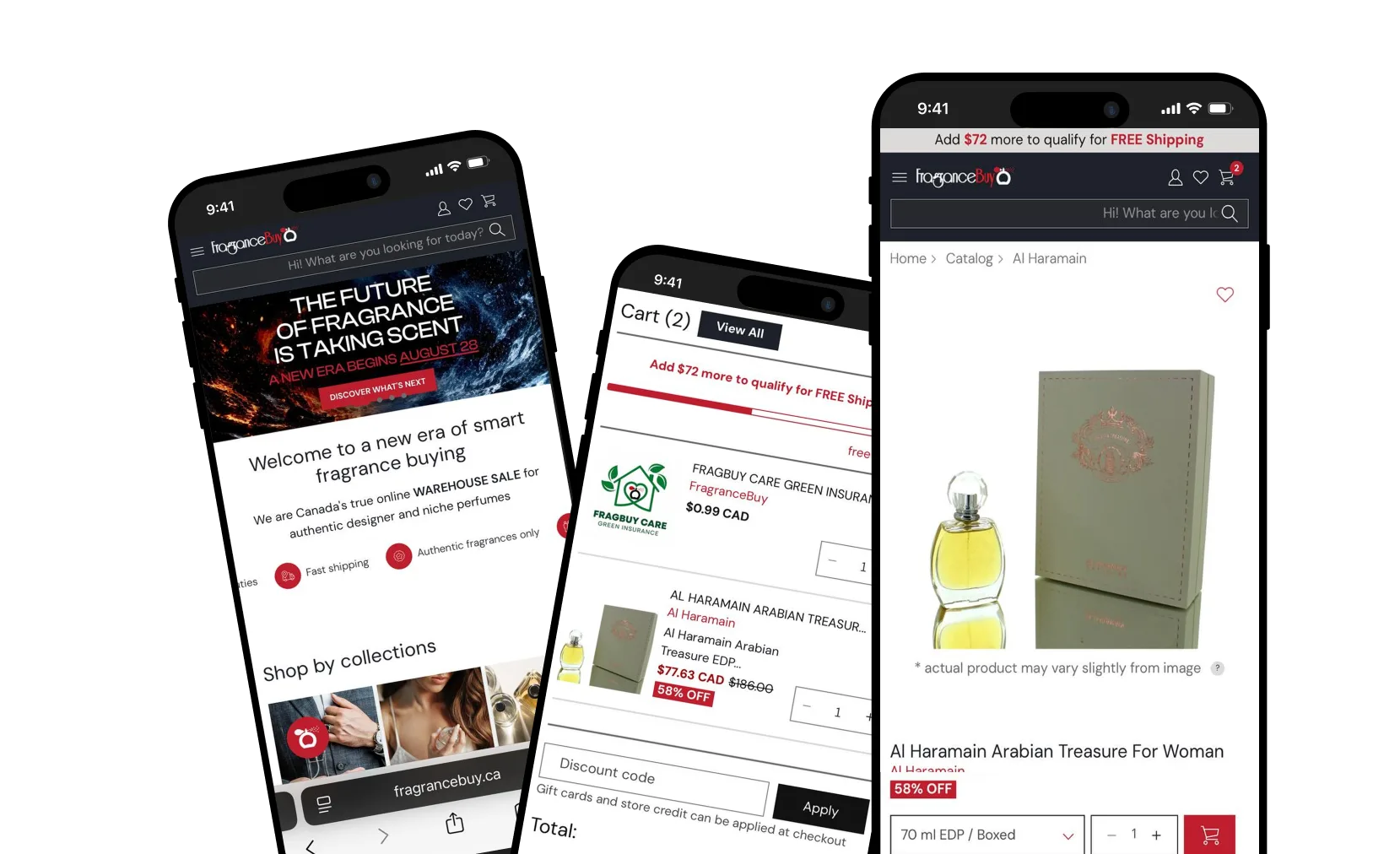 Fragrance Buy storefront displayed on three iPhone mockups.