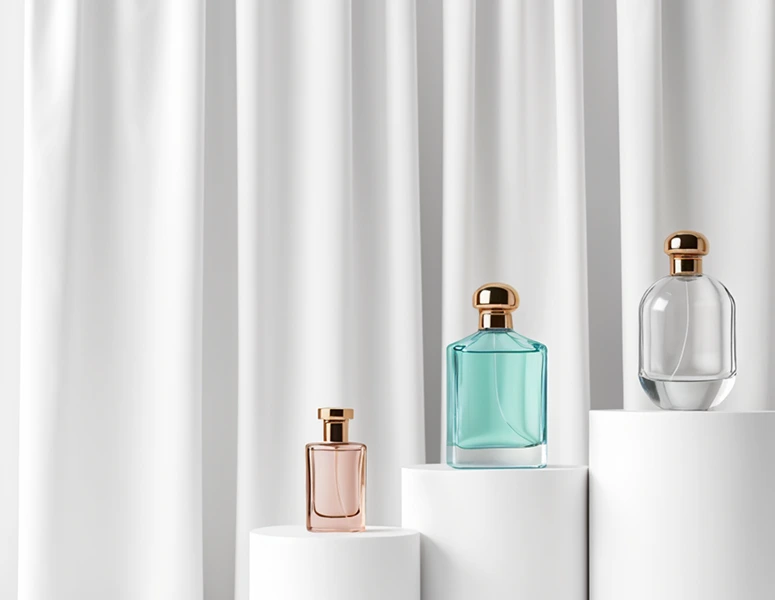 Three perfume bottles displayed on white podiums against a draped backdrop.