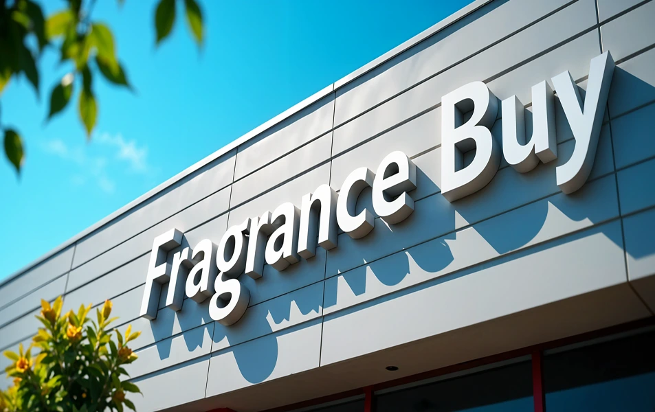 Fragrance Buy storefront sign on the building exterior.