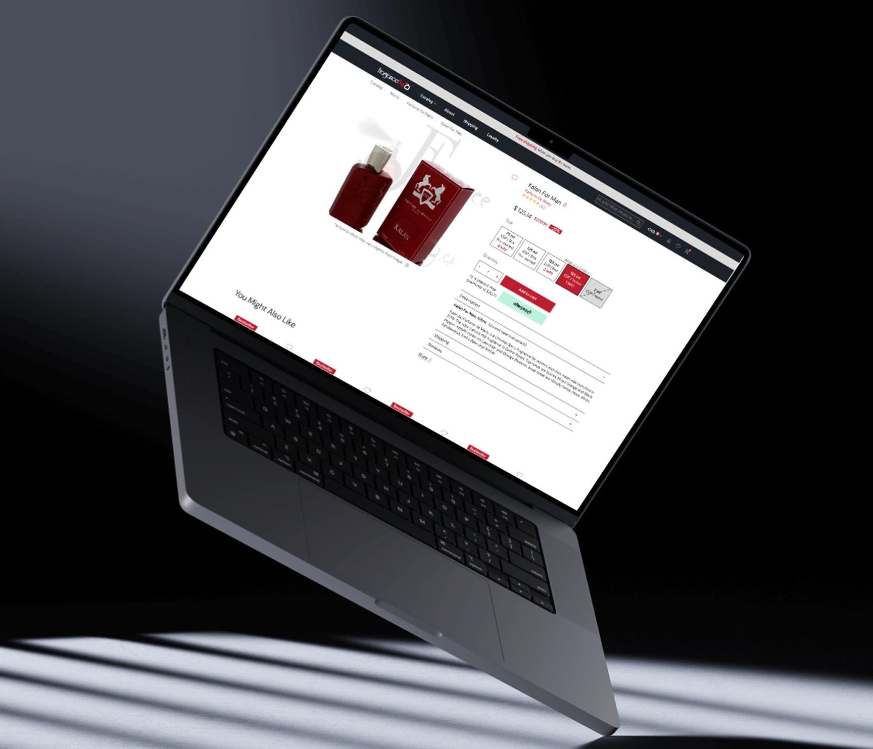 Fragrance Buy storefront displayed on a MacBook.