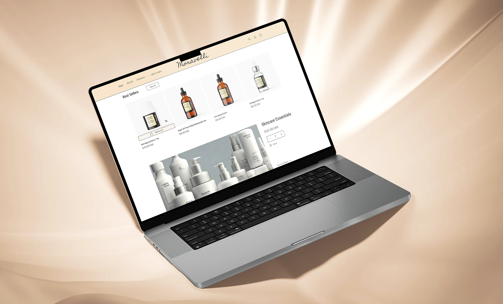 Moravelli storefront mockup displayed on a laptop screen